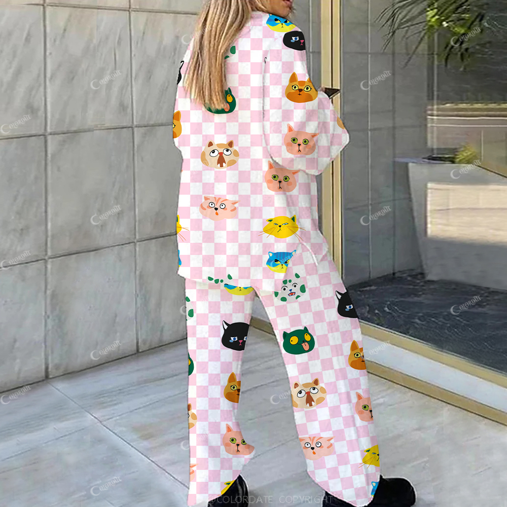 Colordate Casual Emoji Kitten Loungewear Set For Women