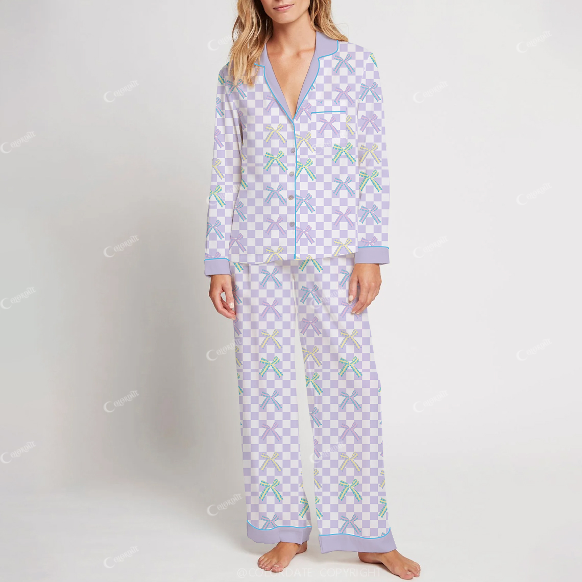Colordate Women's Bow Purple Plaid Print Cotton Long Sleeve Pajama Set