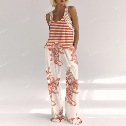 Colordate Women's Striped Bohemian Print Cotton Vest and Pants Set