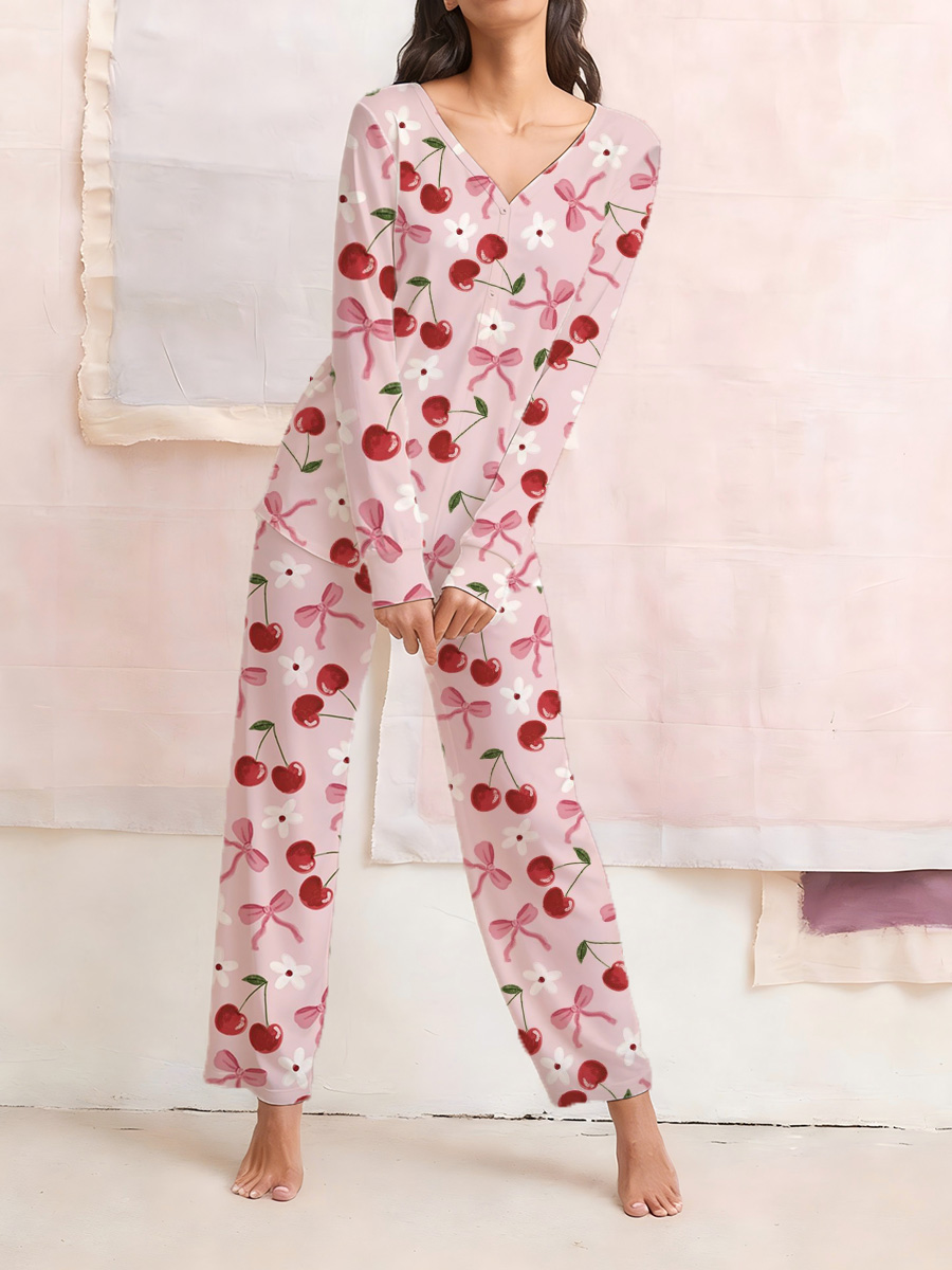 Cherry & Bow Print Long Sleeve Cotton Homewear Set