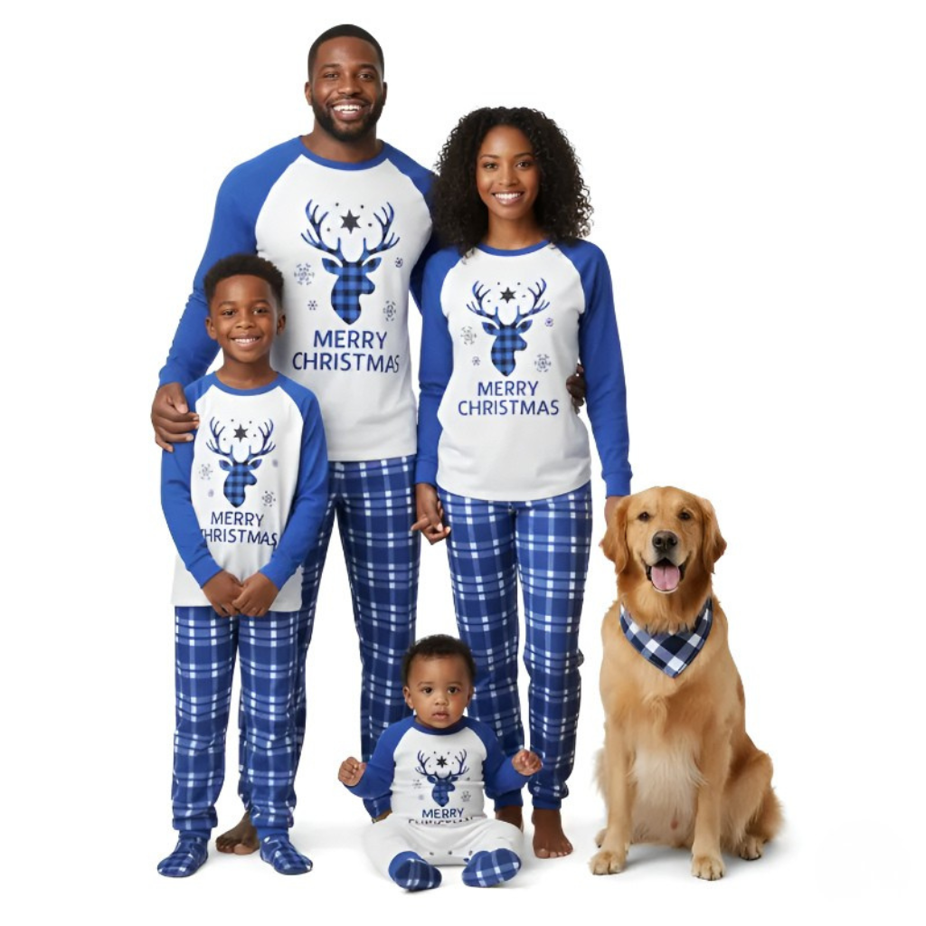 Christmas Reindeer and Snowflake Holiday Pajama Set With Plaid Pants