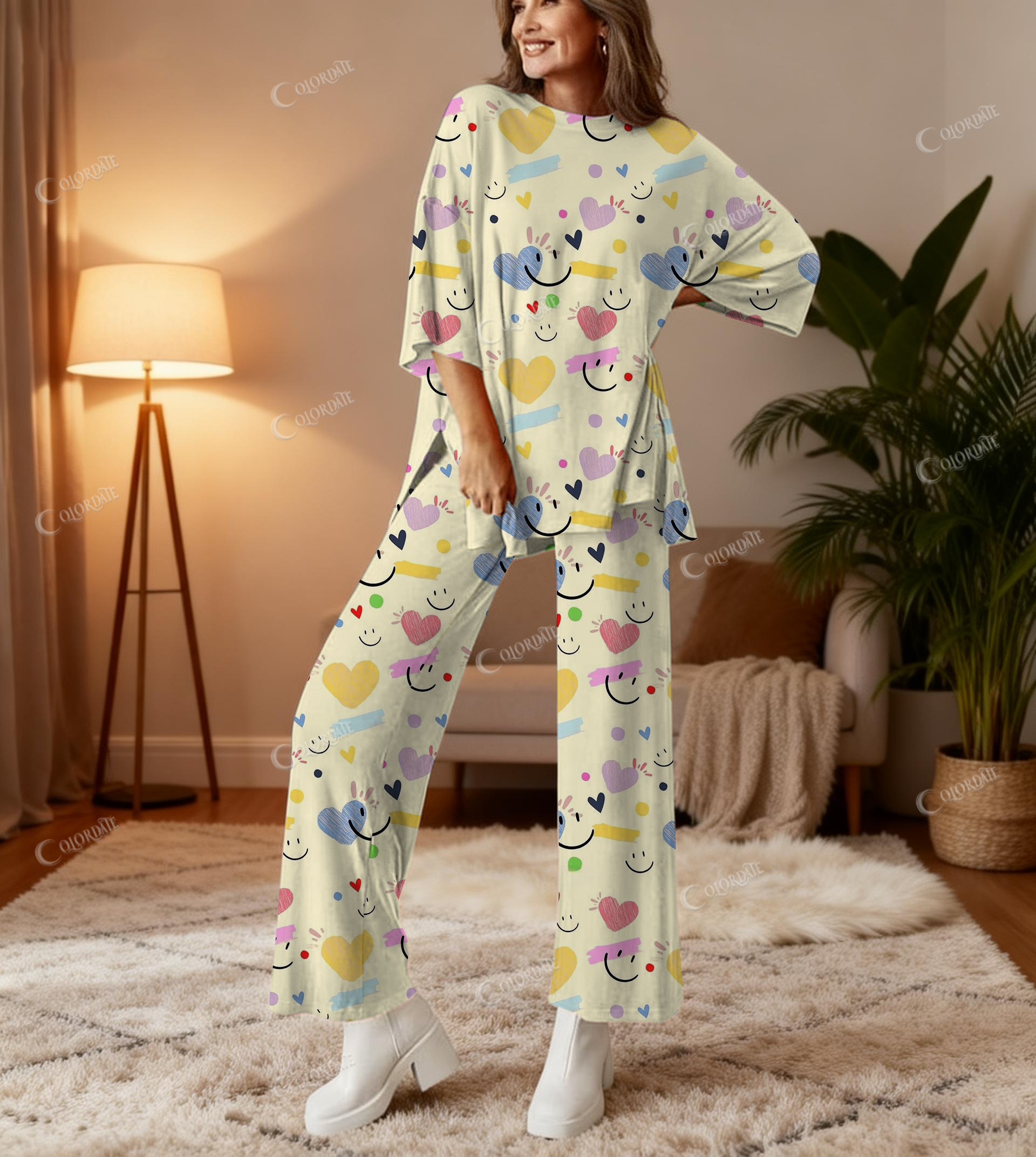 Smiling Face Print Bamboo-Soft Lounge Set Pants