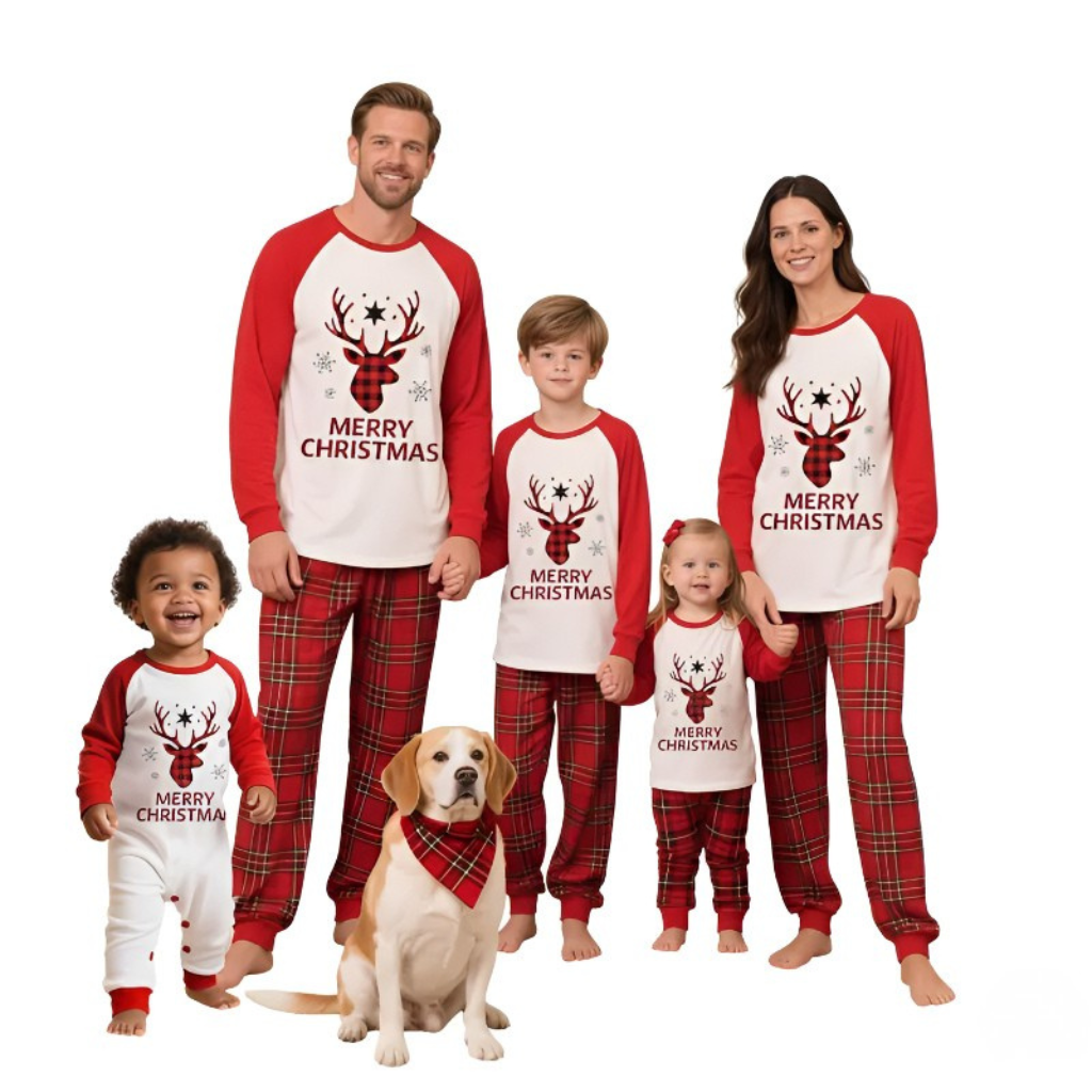 Merry Christmas Reindeer and Snowflake Print Pajama Set With Plaid Pants