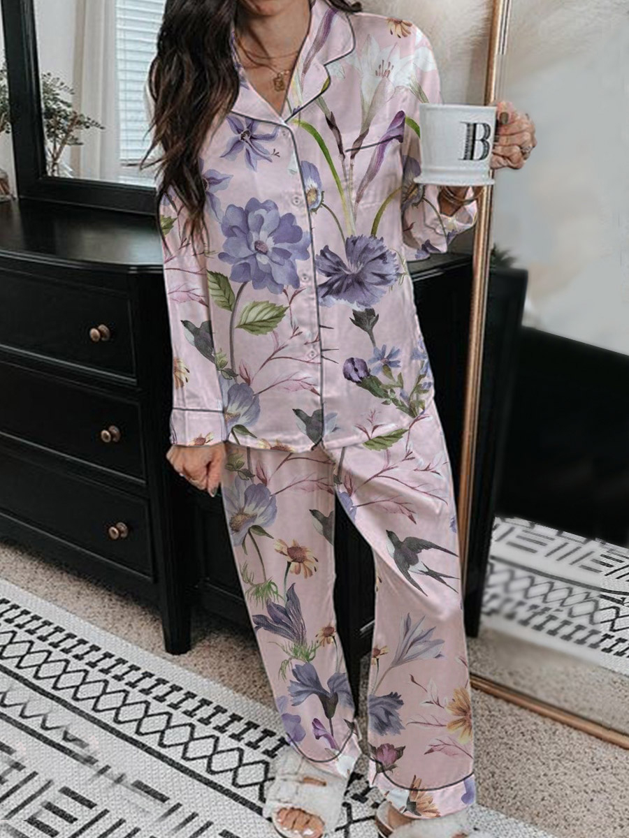 Women's Romantic Elegant Floral Pattern Long Sleeve Pants Set