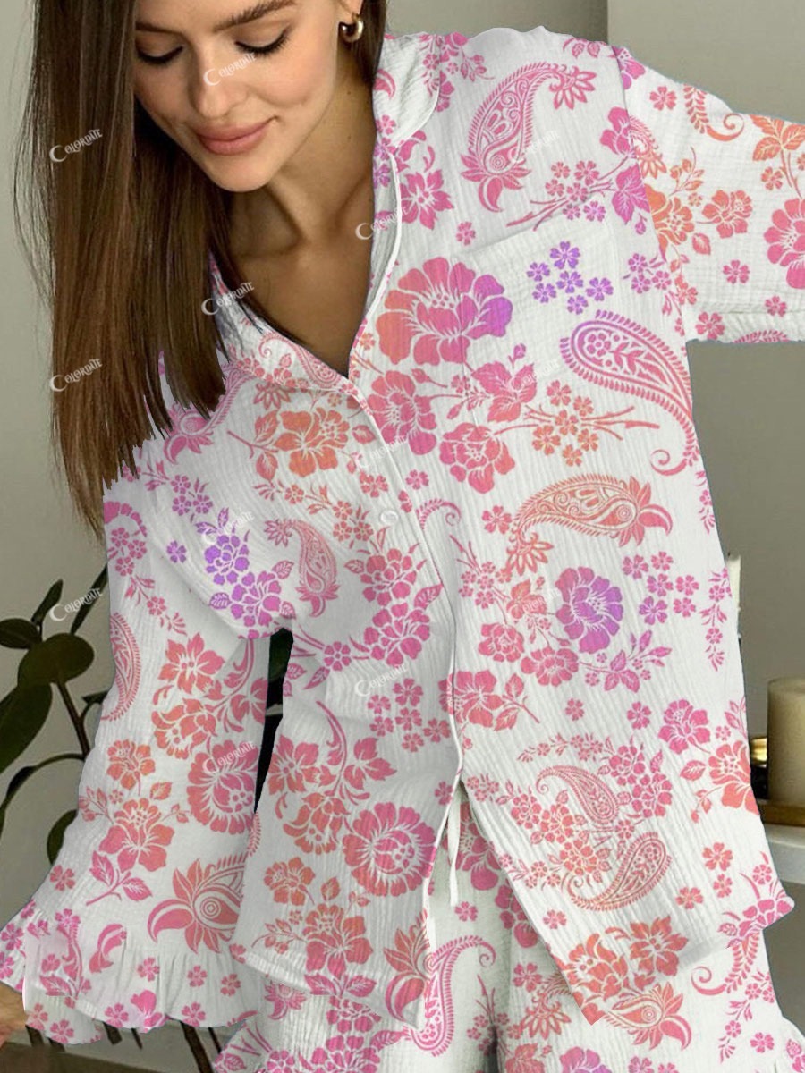 Women's Bohemian Art Painting Printed Home Long Sleeve Suit