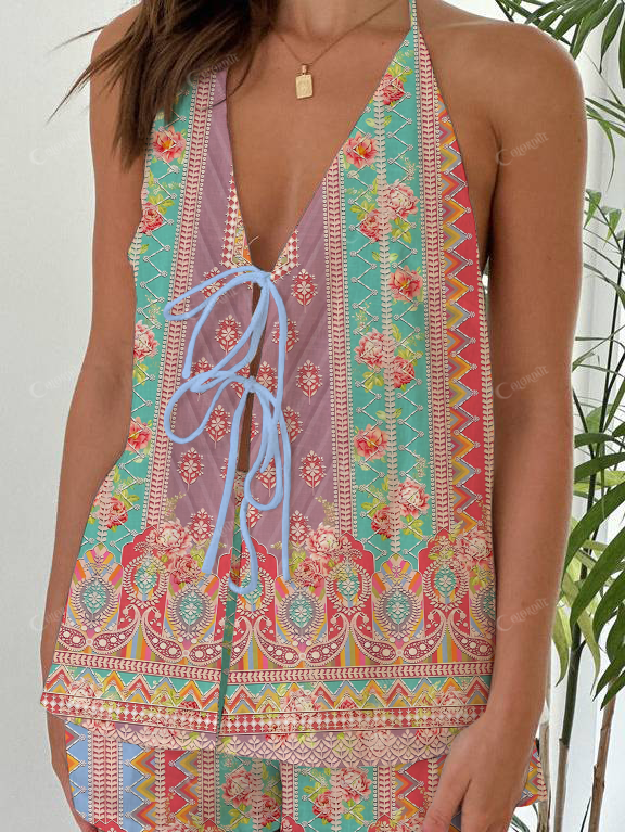 Multi-Pattern Print Halter Neck Tie-Up Top And Shorts Suit