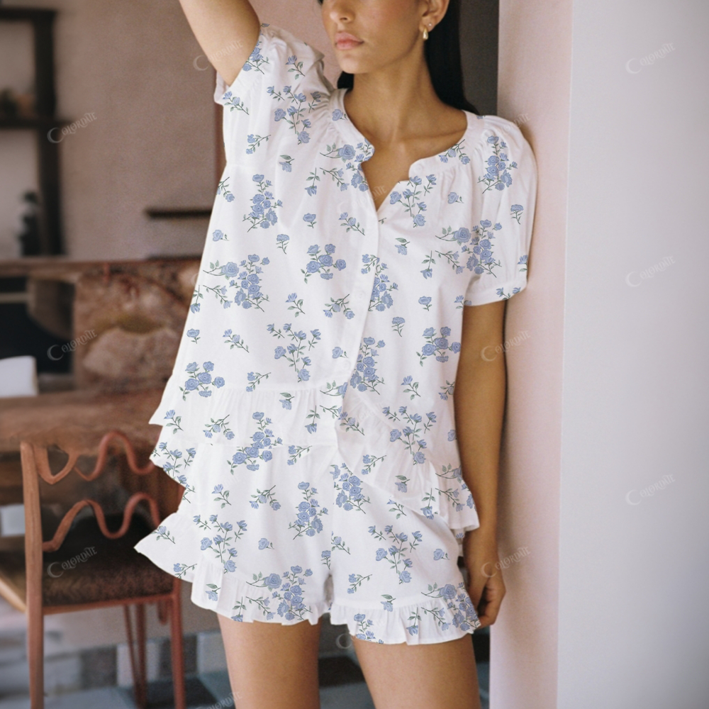 Blue Flower Print Short Pajama Set