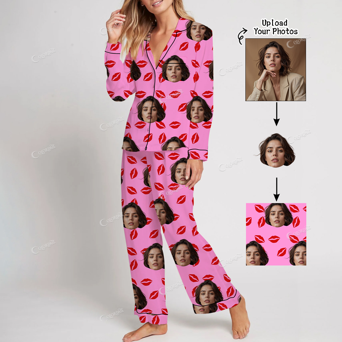 Addcustom Your Photos Women's Red Lips Print Home Long Sleeve Suit