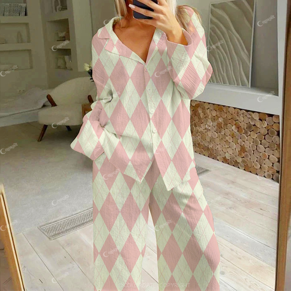 Colordate Women's Pink White Diamond Plaid Patchwork Print Cotton Cardigan Homewear Set