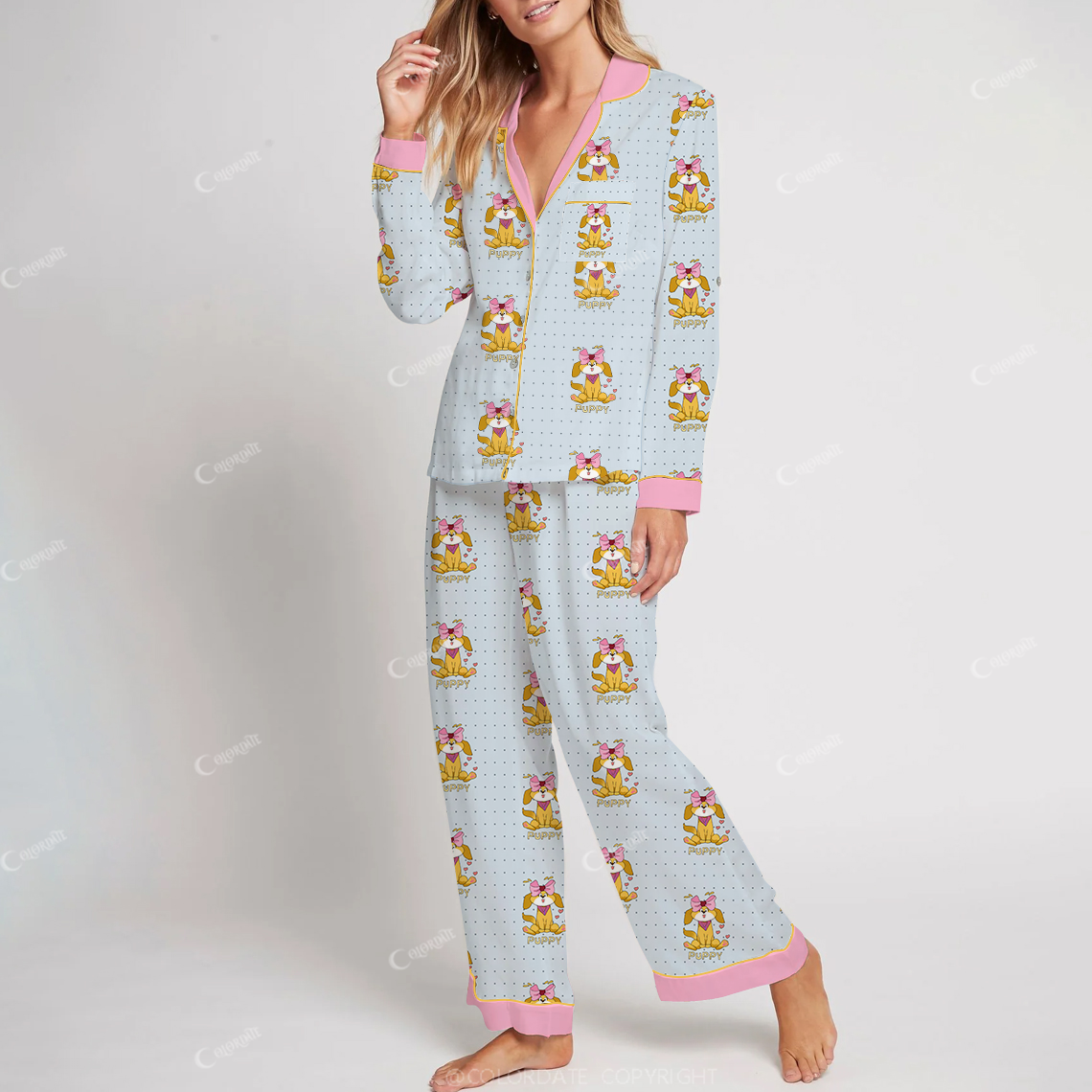 Colordate Women's Cute Puppy With Bow Heart Dog Print Cotton Homewear Set