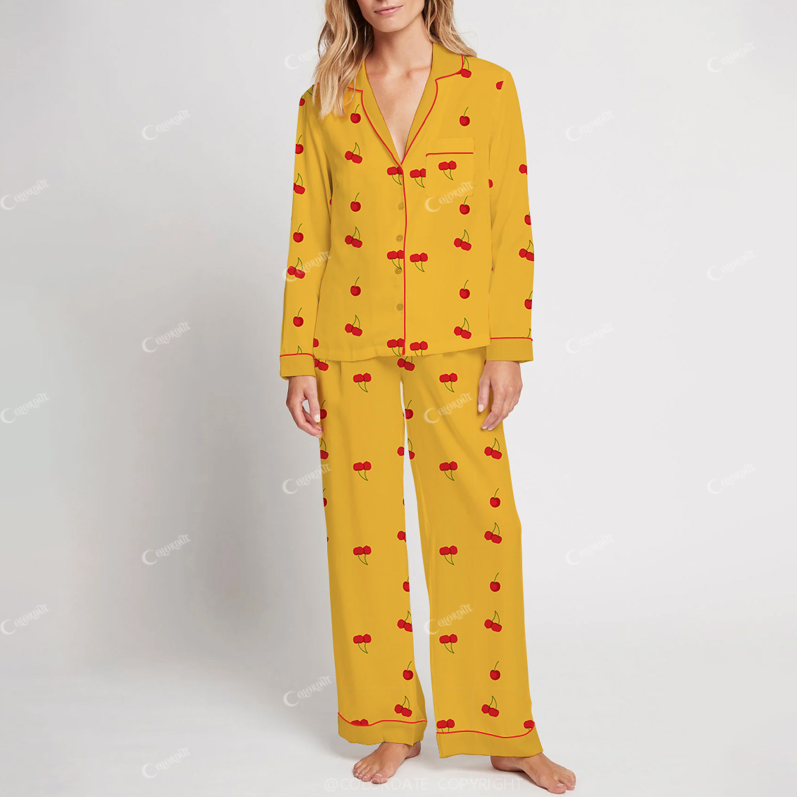Colordate Women's Cherry Print Yellow Cotton Long Sleeve Pajama Set
