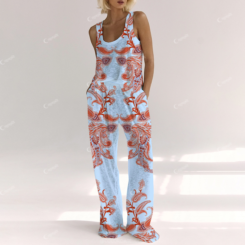 Colordate Women's Lake Blue Boho Print Cotton Vest and Pants Set