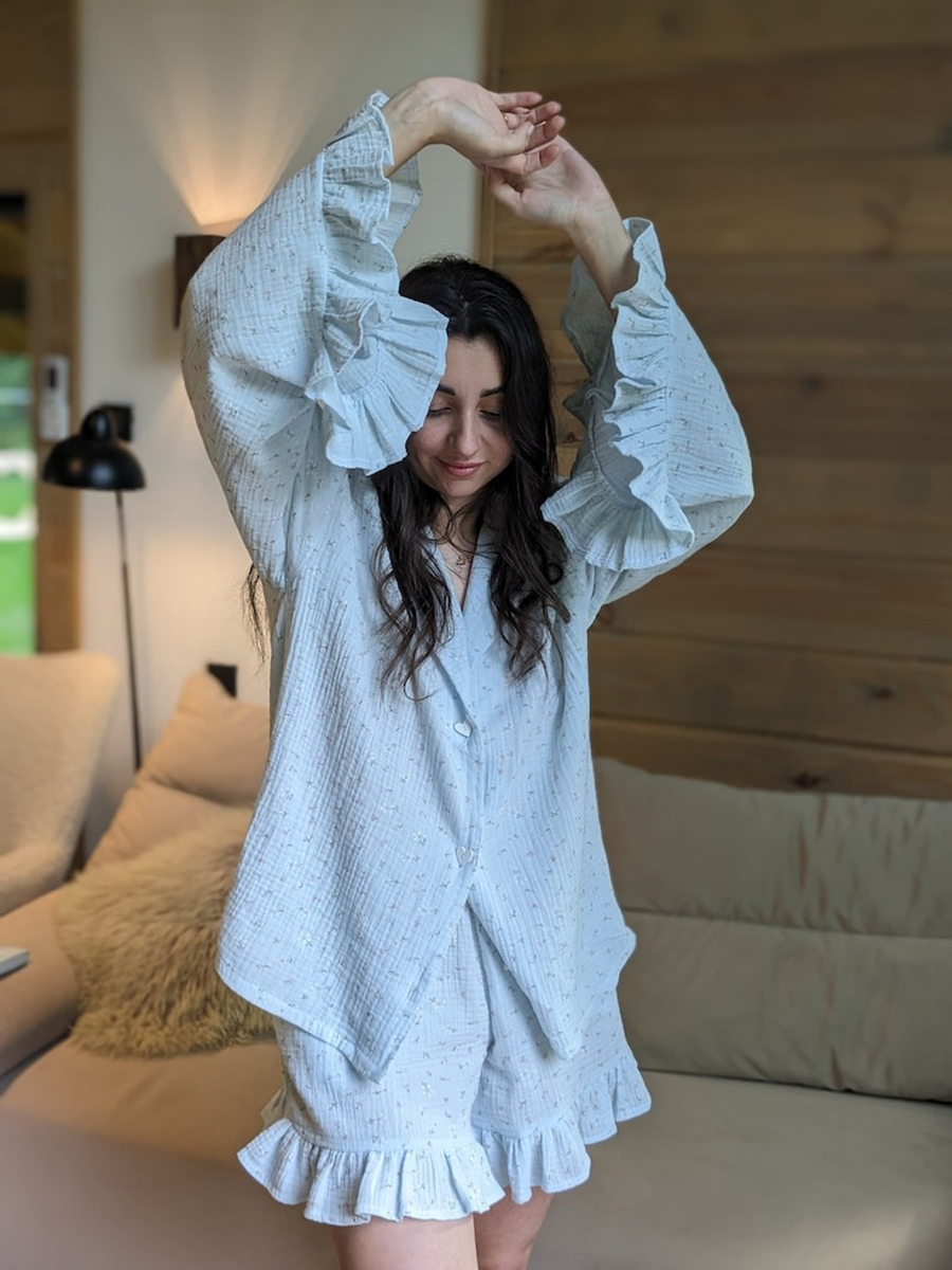 Women Cotton Pajamas Floral Pajama Set Shirt and Shorts Summer Homewear Sets