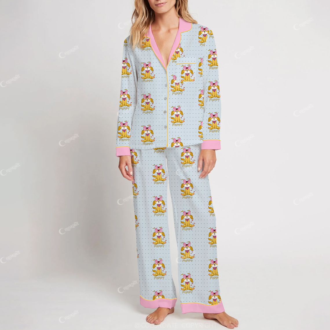 Colordate Women's Cute Puppy With Bow Heart Dog Print Cotton Homewear Set