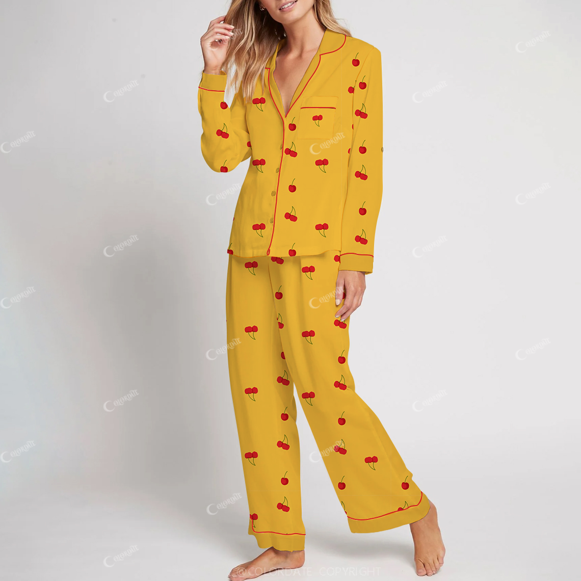 Colordate Women's Cherry Print Yellow Cotton Long Sleeve Pajama Set