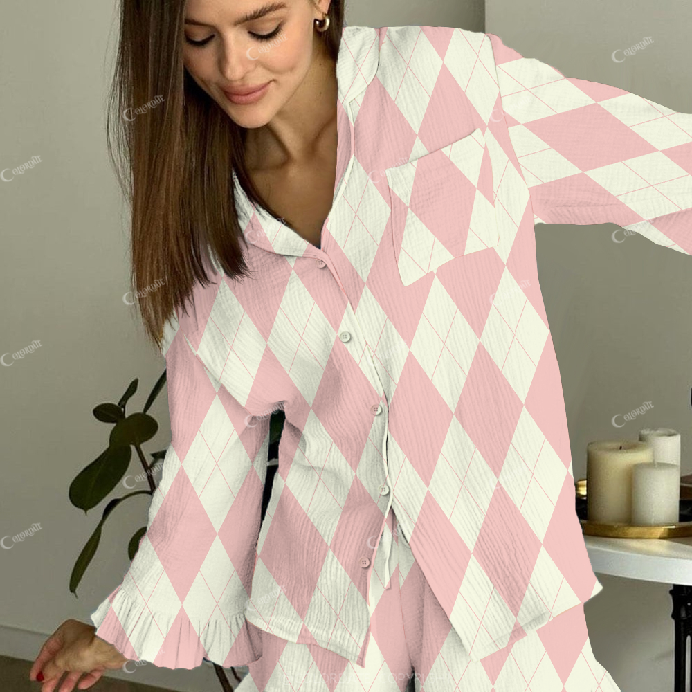 Colordate Women's Pink White Diamond Plaid Patchwork Printed Linen Cotton Suit