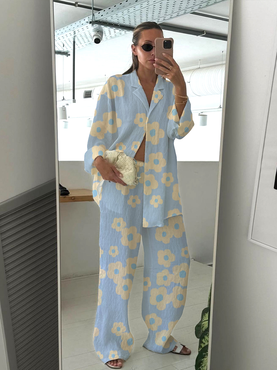 Colordate Women's Yellow Fresh Flowers Print Cotton Cardigan Homewear Set