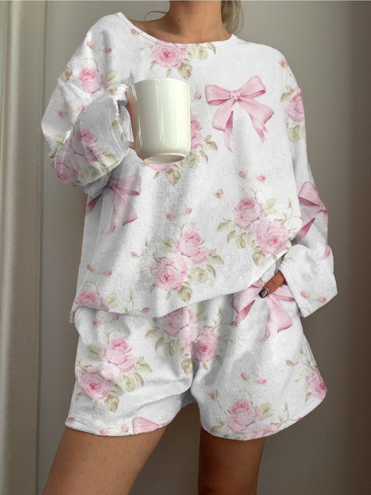 Rose Bow Printed Long-Sleeved Shorts Loungewear Set
