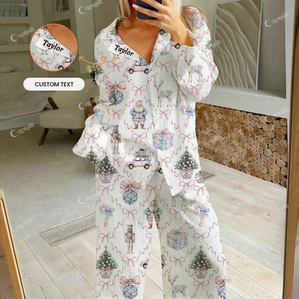 Custom Women's Bows And Christmas Patterns Print Cotton Cardigan Homewear Set