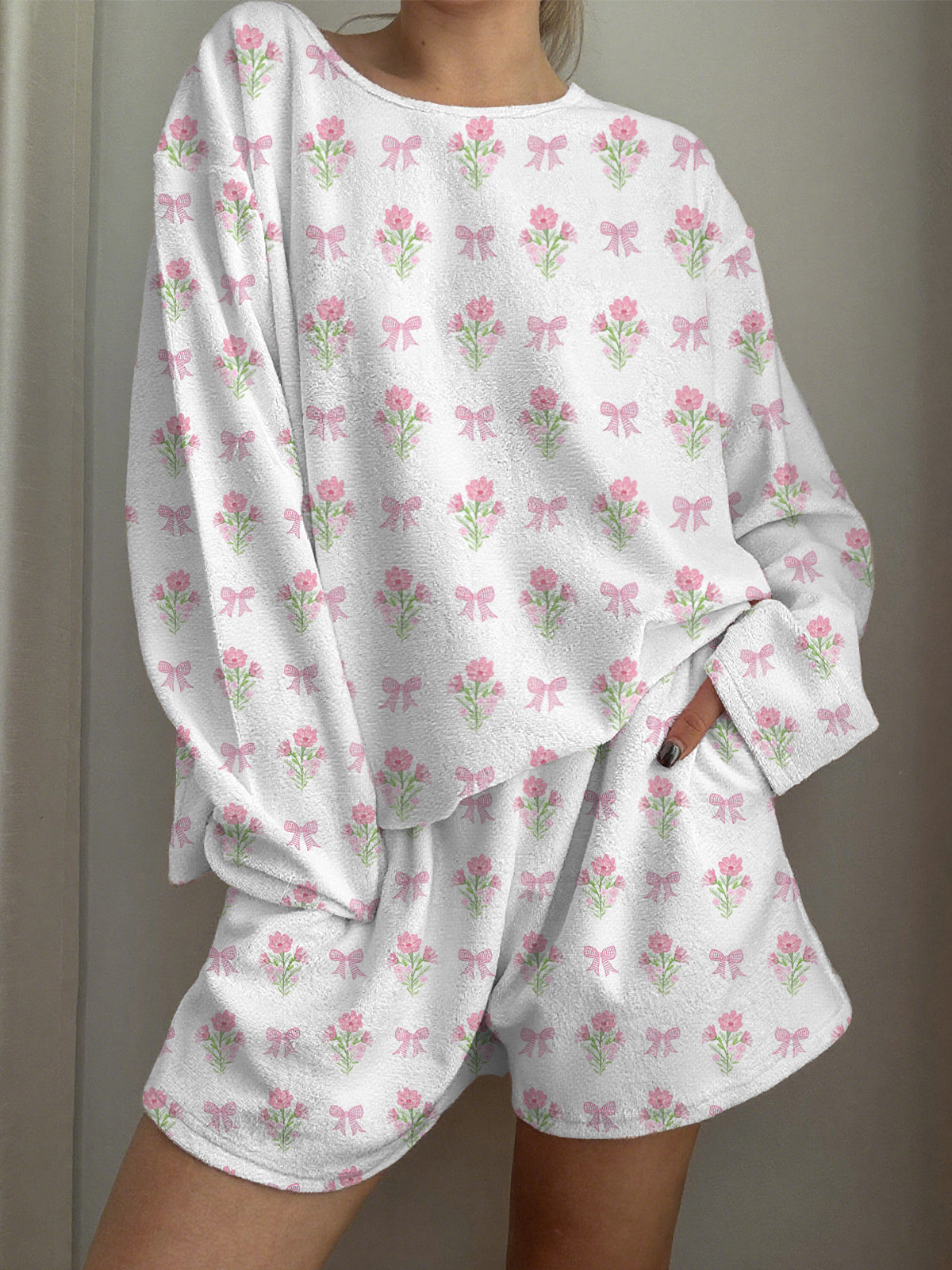 Flower Bow Printed Long-Sleeved Shorts Loungewear Set