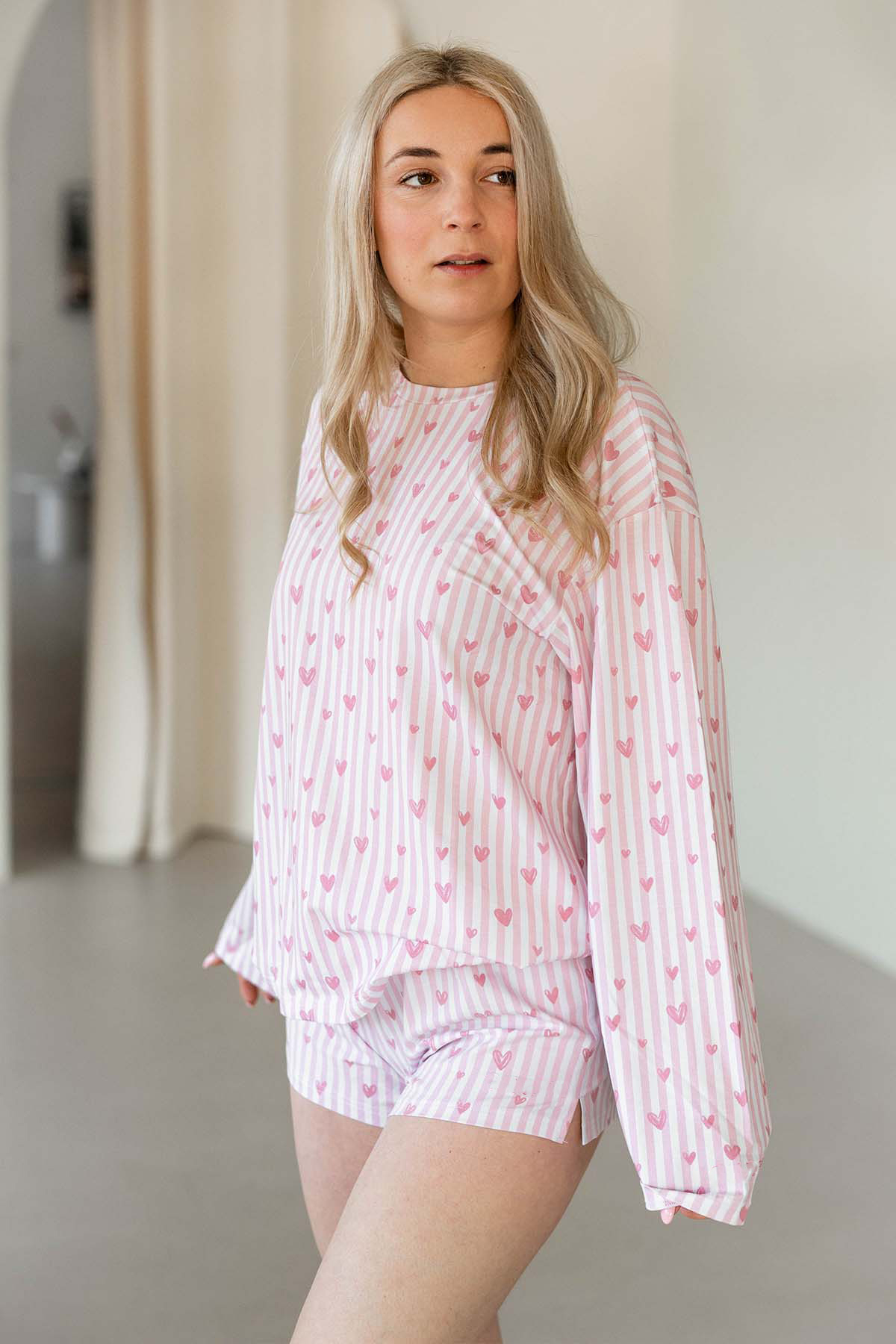 Hearts Print Pink Pajama Loungewear Sleep Set