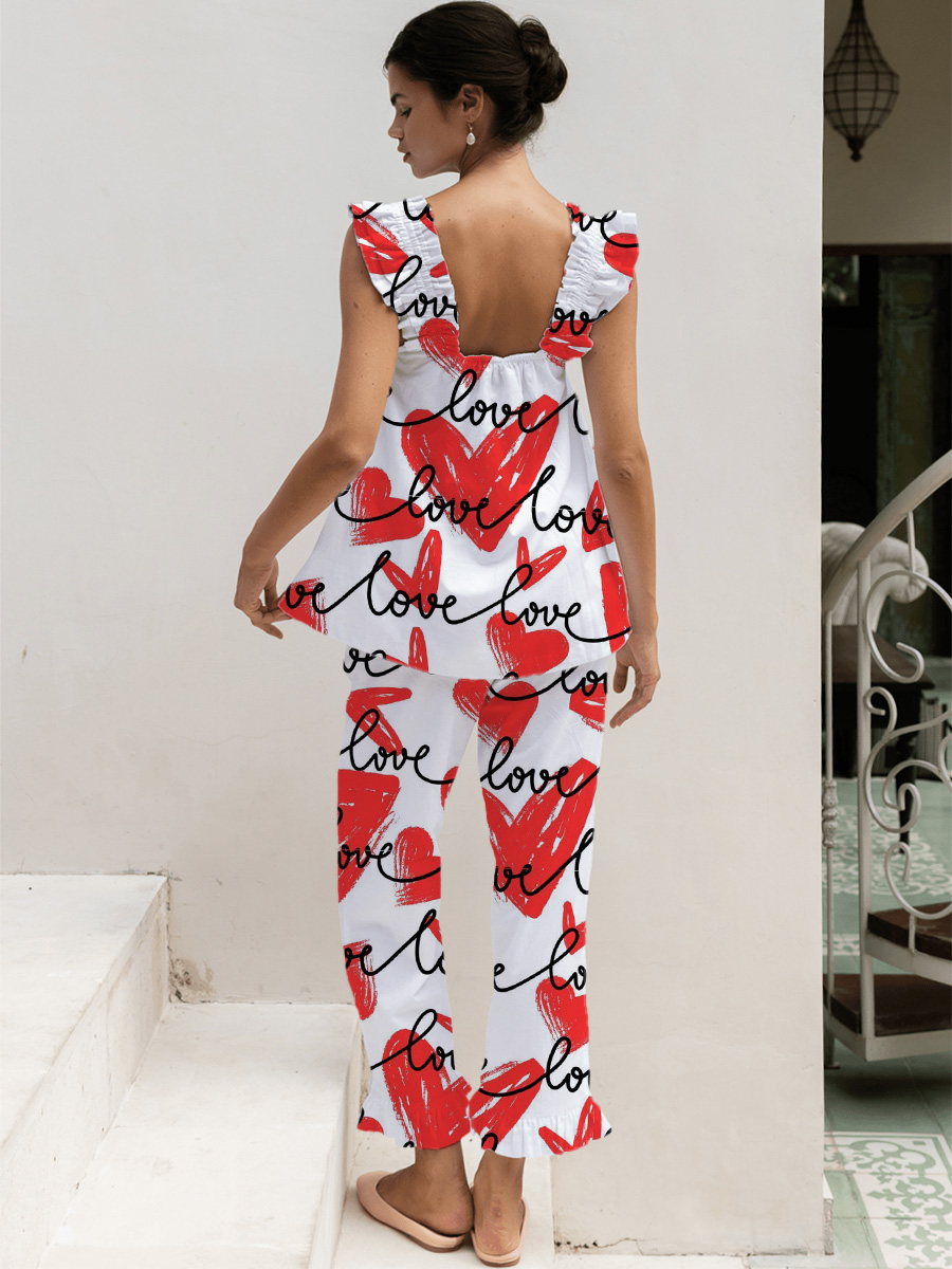 Red & White Heart & Lipstick Print Tank Top Pajama Set