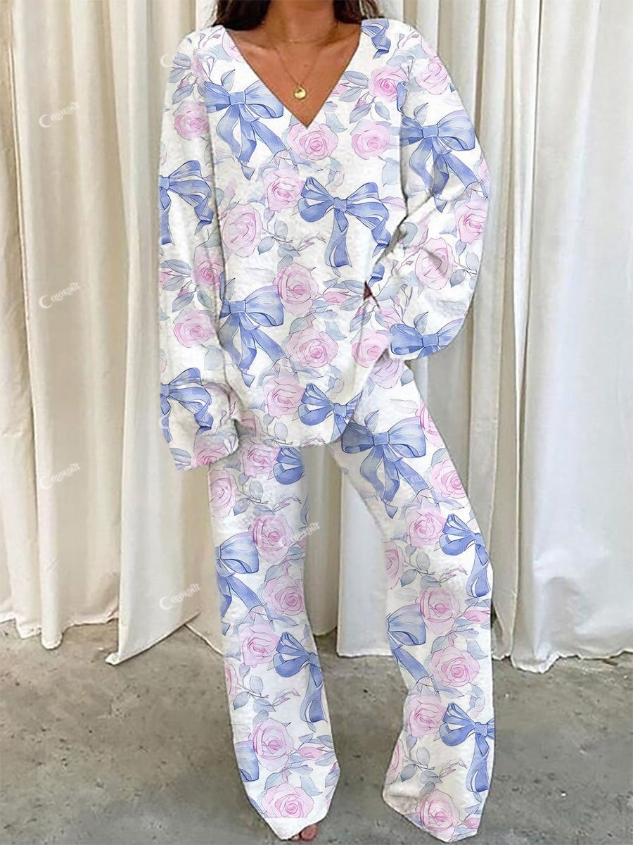 Women's Pink Rose and Blue Bow Rocker Pajama Set