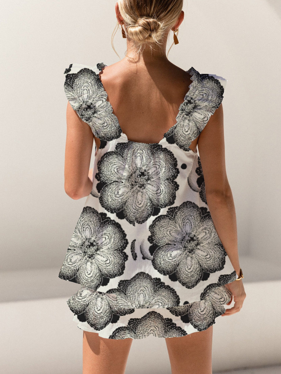 Black Halo Flower Print Ruffled Trim Short Tank Top Shorts Pajama Set