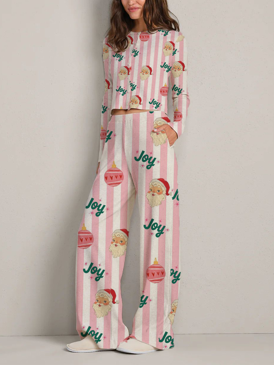Colordate Women's Pink and White Striped Christmas Print Long Sleeve Suit