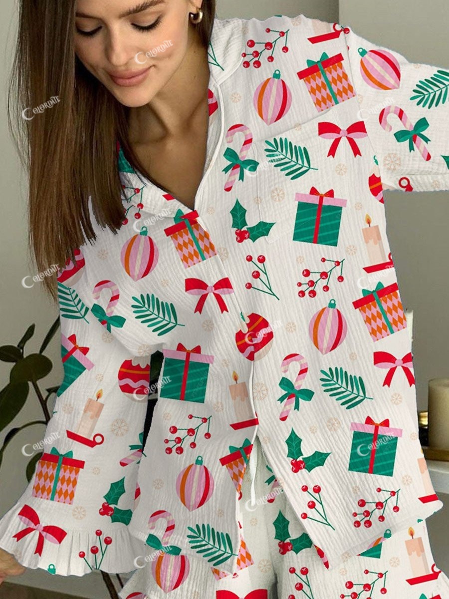 Women's Christmas Art Painting Printed Home Long Sleeve Suit