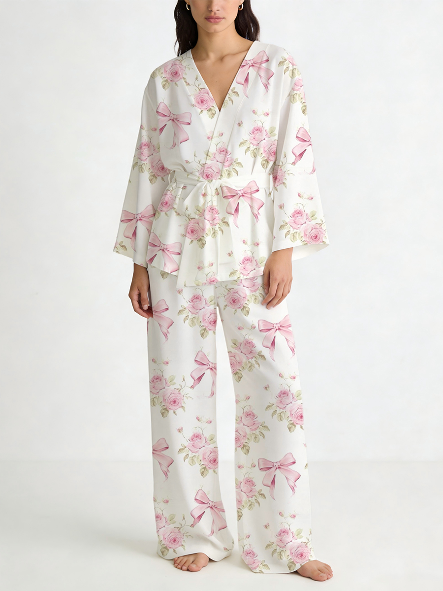 Colordate Pink Bow Floral Print Loungewear Set For Women