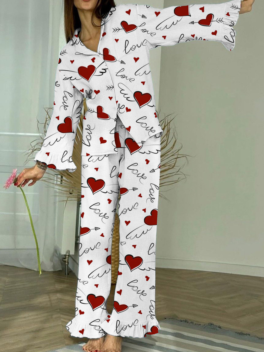 Women's Valentine's Day Romantic Love Angel Wings Pattern Ruffled Long Sleeve Pants Set