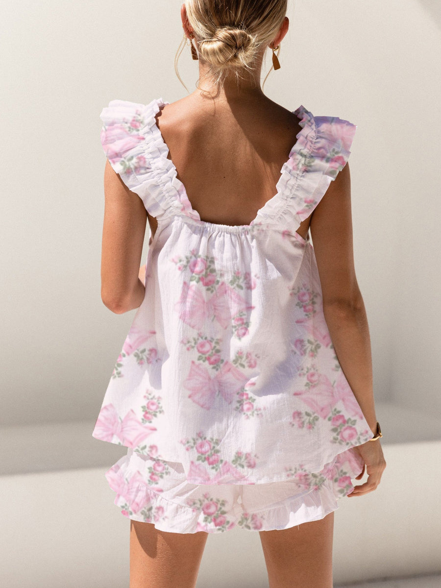 Pink Bow Flower Print Ruffled Trim Short Tank Top Shorts Pajama Set