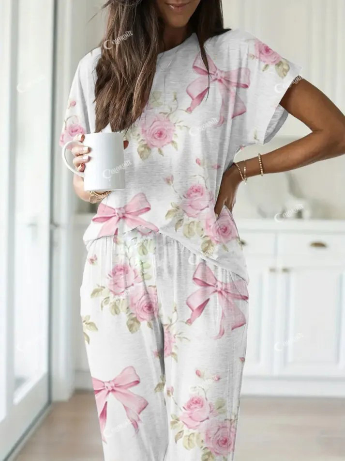 Women's Bow Flower Pattern Round Neck Short Sleeve Pants Suit