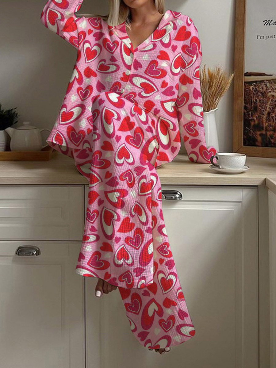 Women's Valentine's Day Heart Pattern Long Sleeve Pants Set