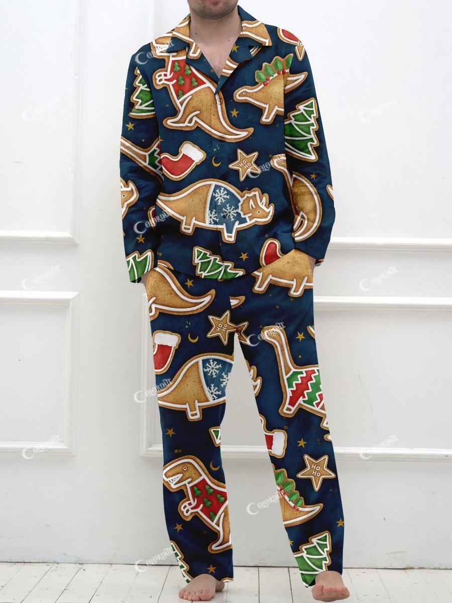 Men's Christmas Dinosaur Gingerbread Print Linen Cotton Loungewear Set
