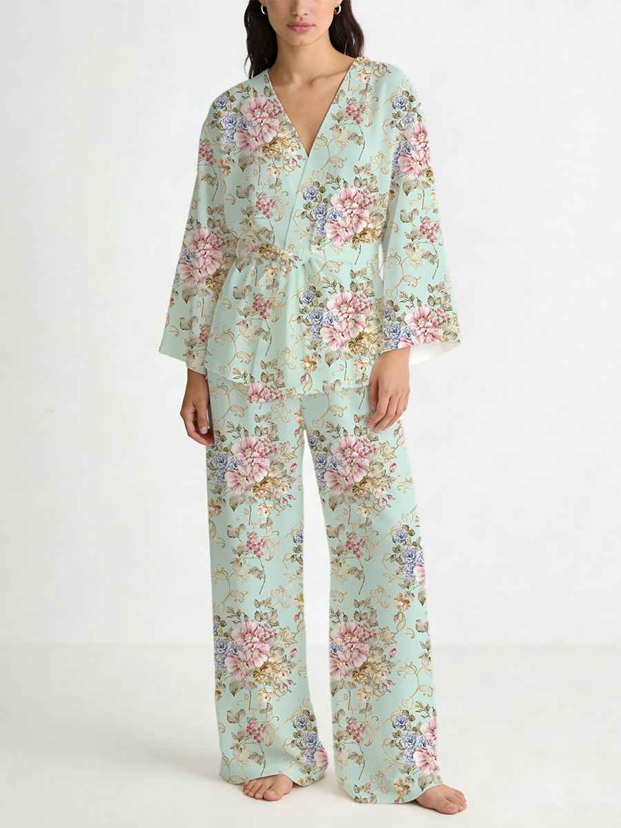 Colordate Pink Bow Floral Print Loungewear Set For Women