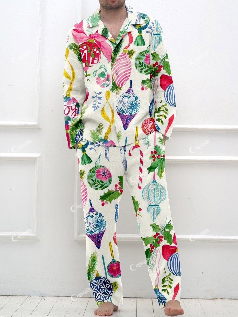 Men's Vintage Christmas Lights Watercolor Print Long Sleeve Long Pants Pajama Set