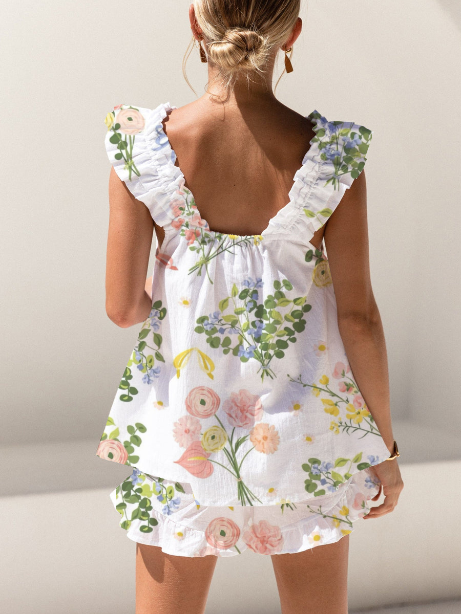 Colorful Flowers Print Ruffled Trim Short Tank Top Shorts Pajama Set