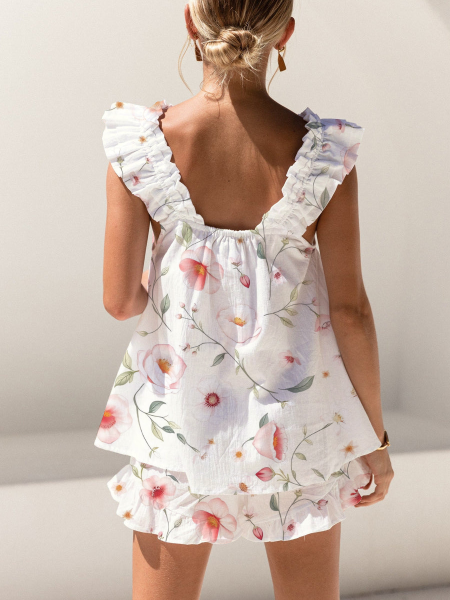 Pink Simple Flowers Print Ruffled Trim Short Tank Top Shorts Pajama Set