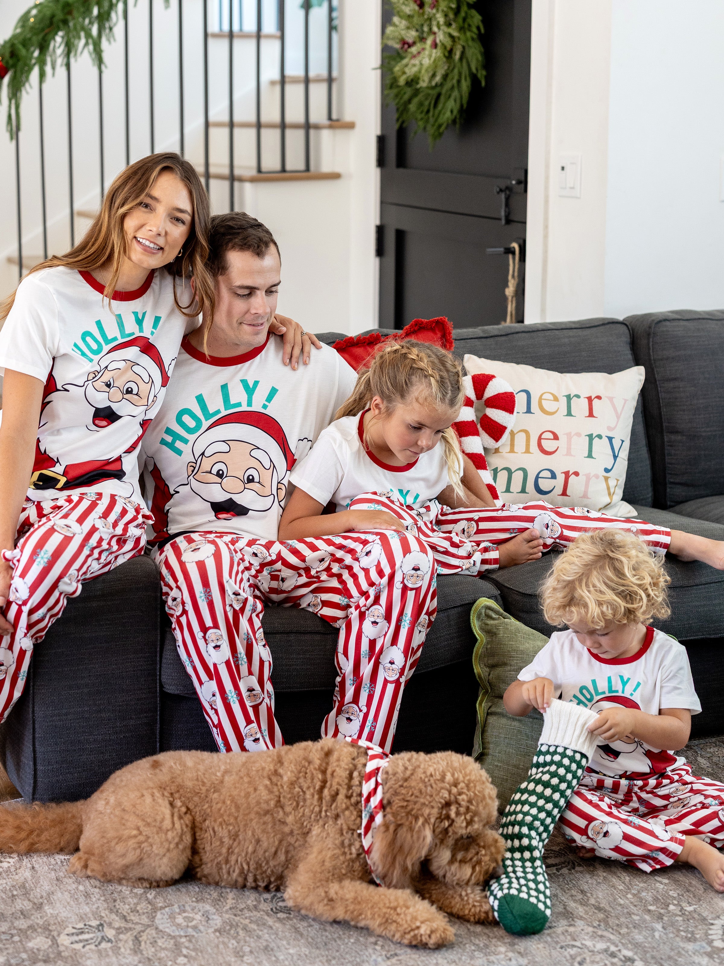 Christmas Matching Family Pajamas Set Santa Claus and Snowflakes Red Stripes PJS