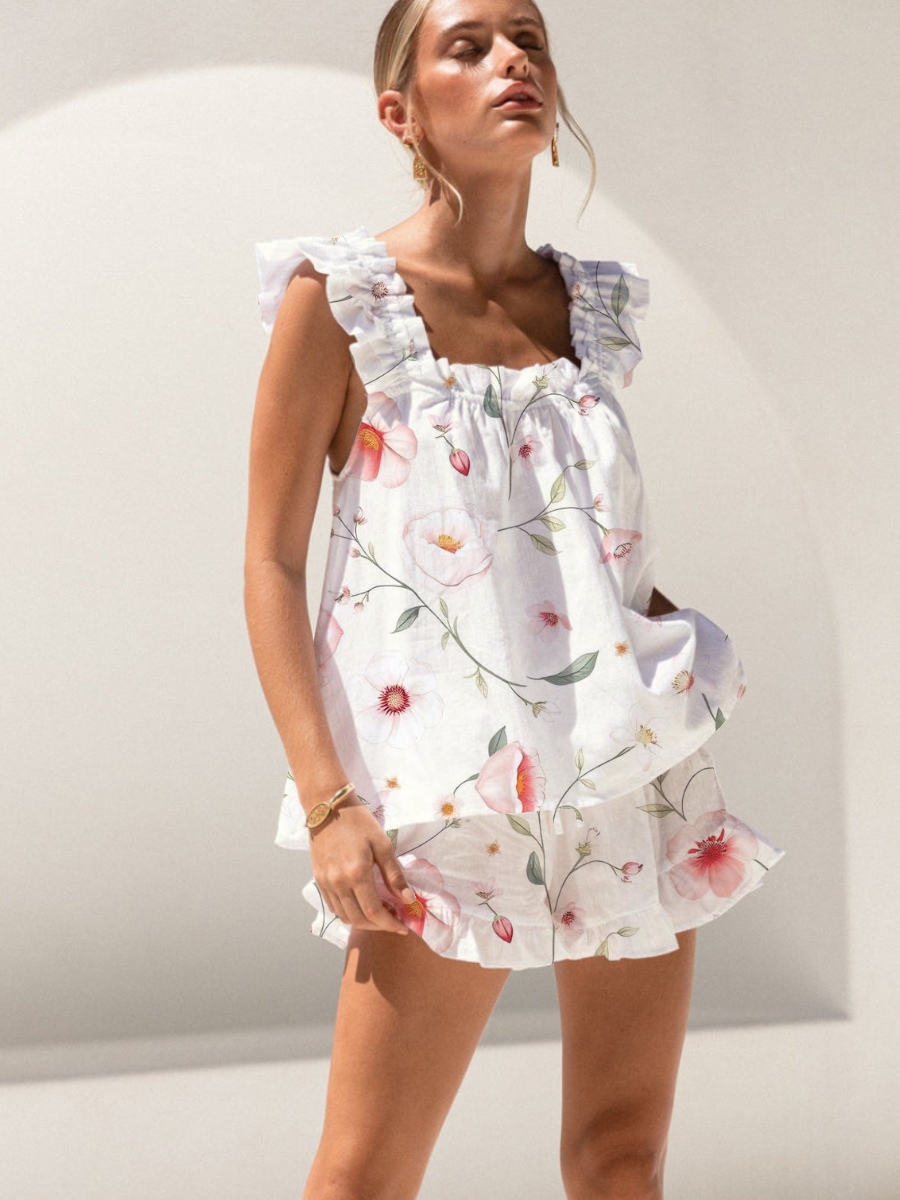 Pink Simple Flowers Print Ruffled Trim Short Tank Top Shorts Pajama Set