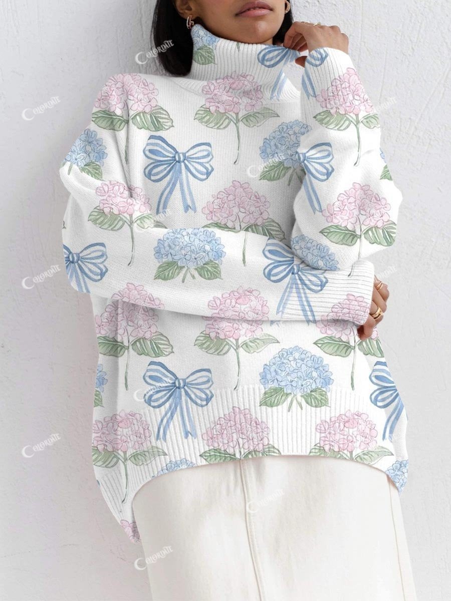 Women's Bow and Hydrangea Fresh Elegant Pullover Sweater