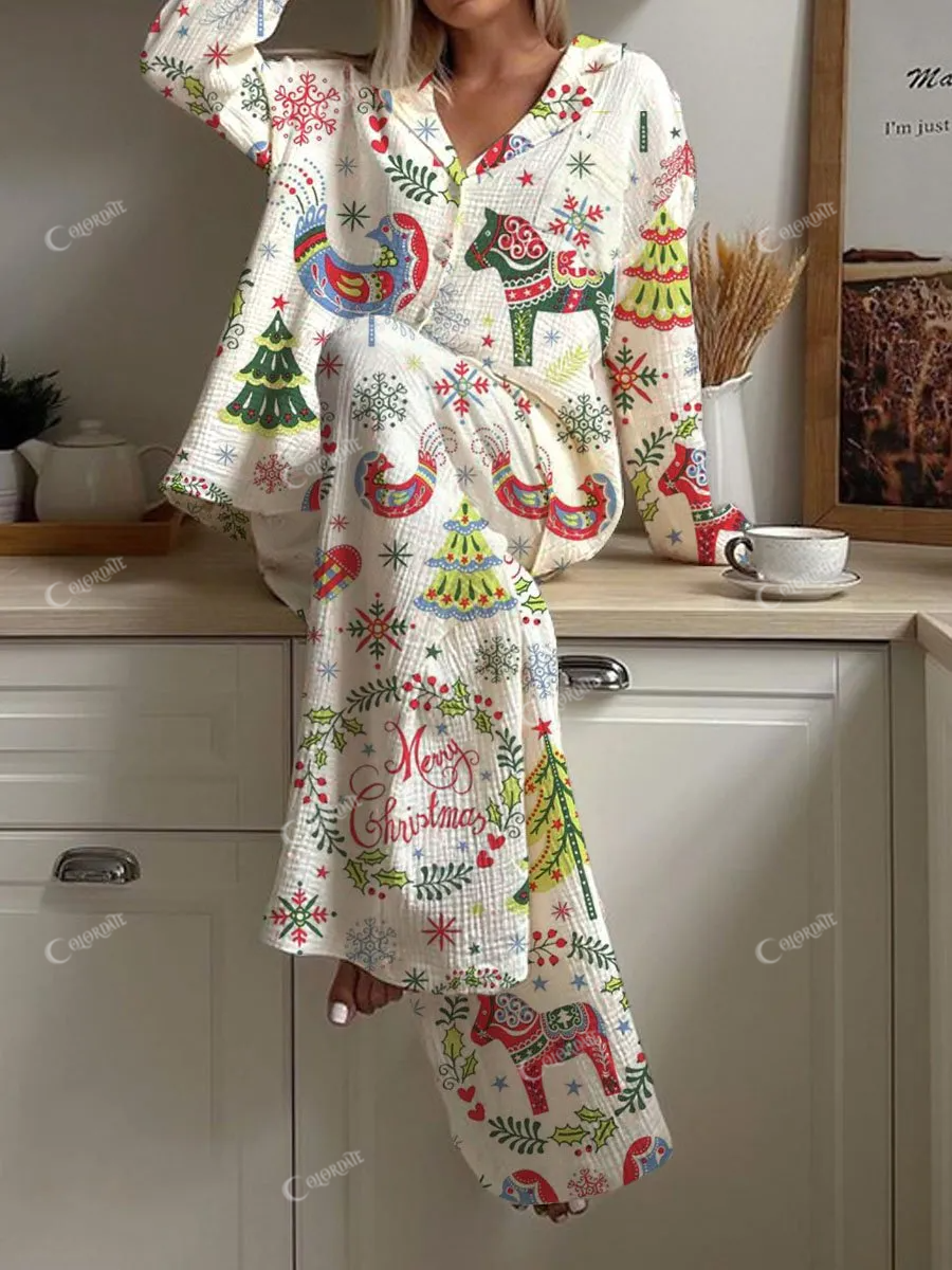 Womens Graphic Art Deco Colorful Christmas Pajama Set