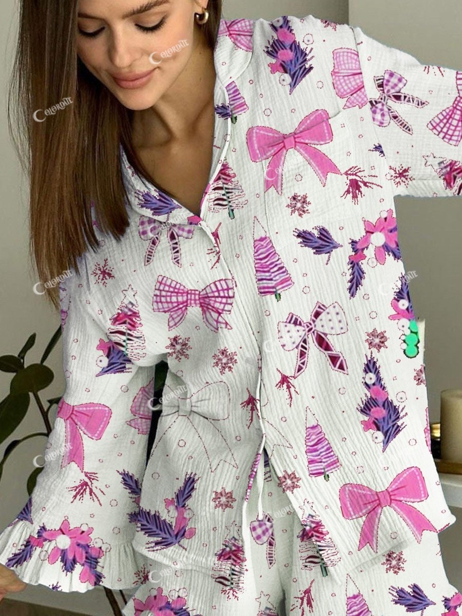 Women's Pink Bow Christmas Tree Printed Home Long Sleeve Suit