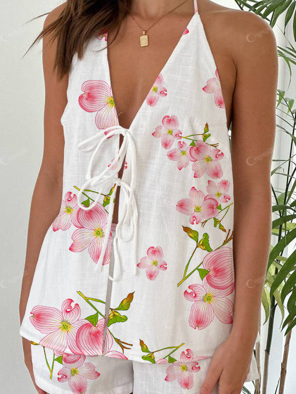 Roxburghiana Print Halter Neck Tie-Up Top And Shorts Suit