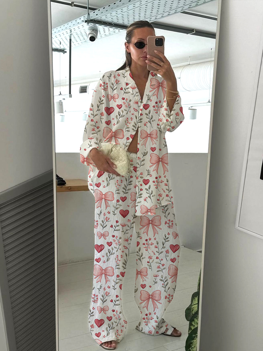 Women's Valentine's Day Flower Bow Heart Colorblock Print Cotton Cardigan Homewear Set