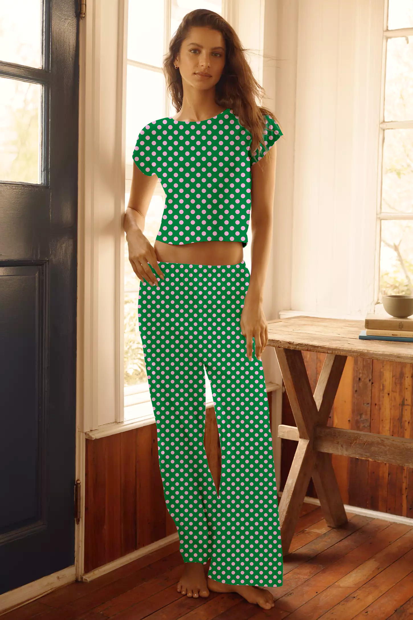Pink Polka Dots Printed Tee Long Pants Loungewear Set
