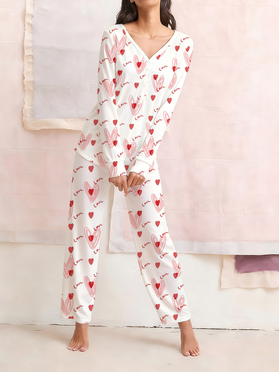 Doodle Heart & Script Print Long Sleeve Cotton Homewear Set