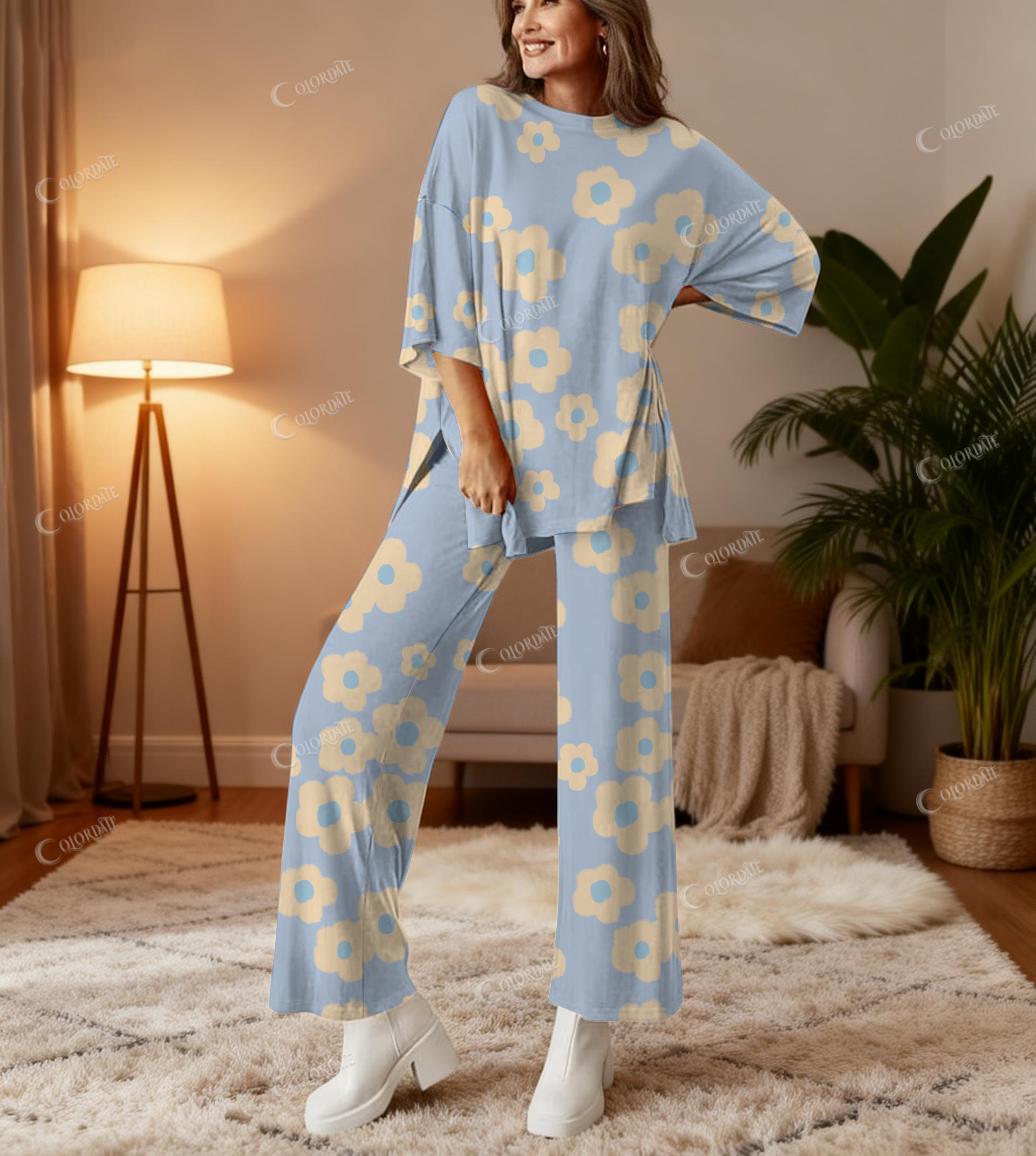 Yellow Flower Print Bamboo-Soft Lounge Set Pants